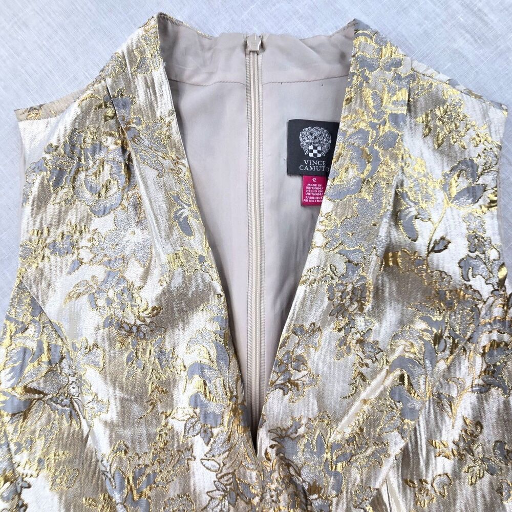 Vince Camuto Metallic Floral Jacquard Fit & Flare Dress Gold Gray 12 NWT - Picture 6 of 15
